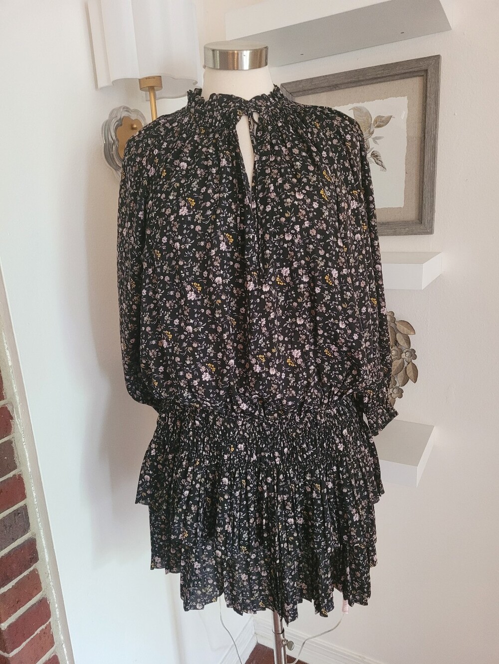 Current Air peasant mini dress black floral print tiered ruffled skirt Medium